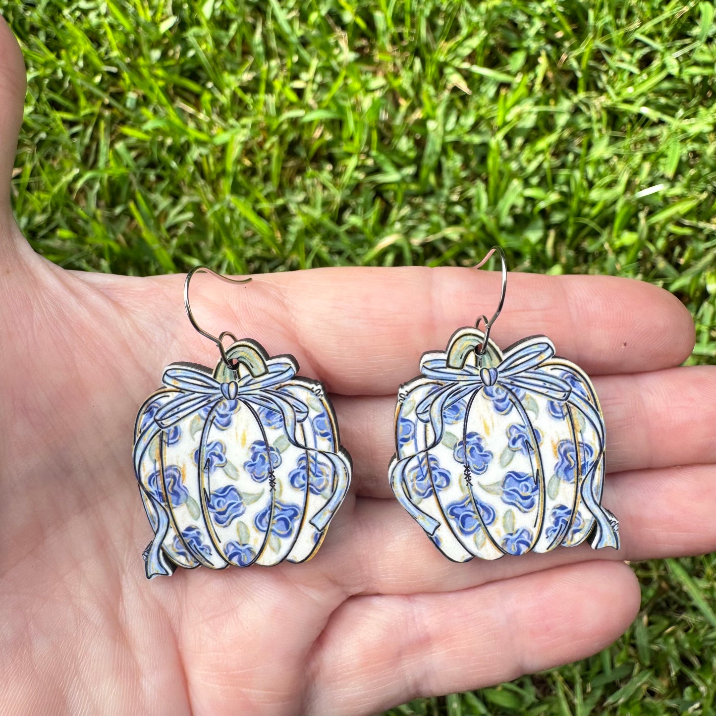 Painted Floral Bow Pumpkin Earrings