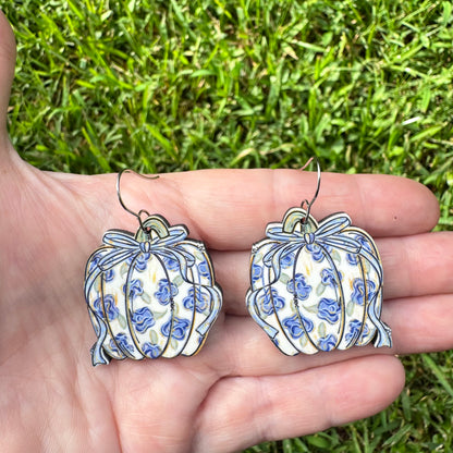Painted Floral Bow Pumpkin Earrings