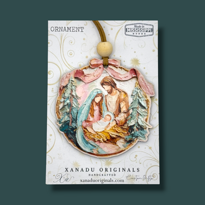 Palette Knife Holy Family Nativity Ornament - Artistic Impasto Pink Bow Tree Decoration