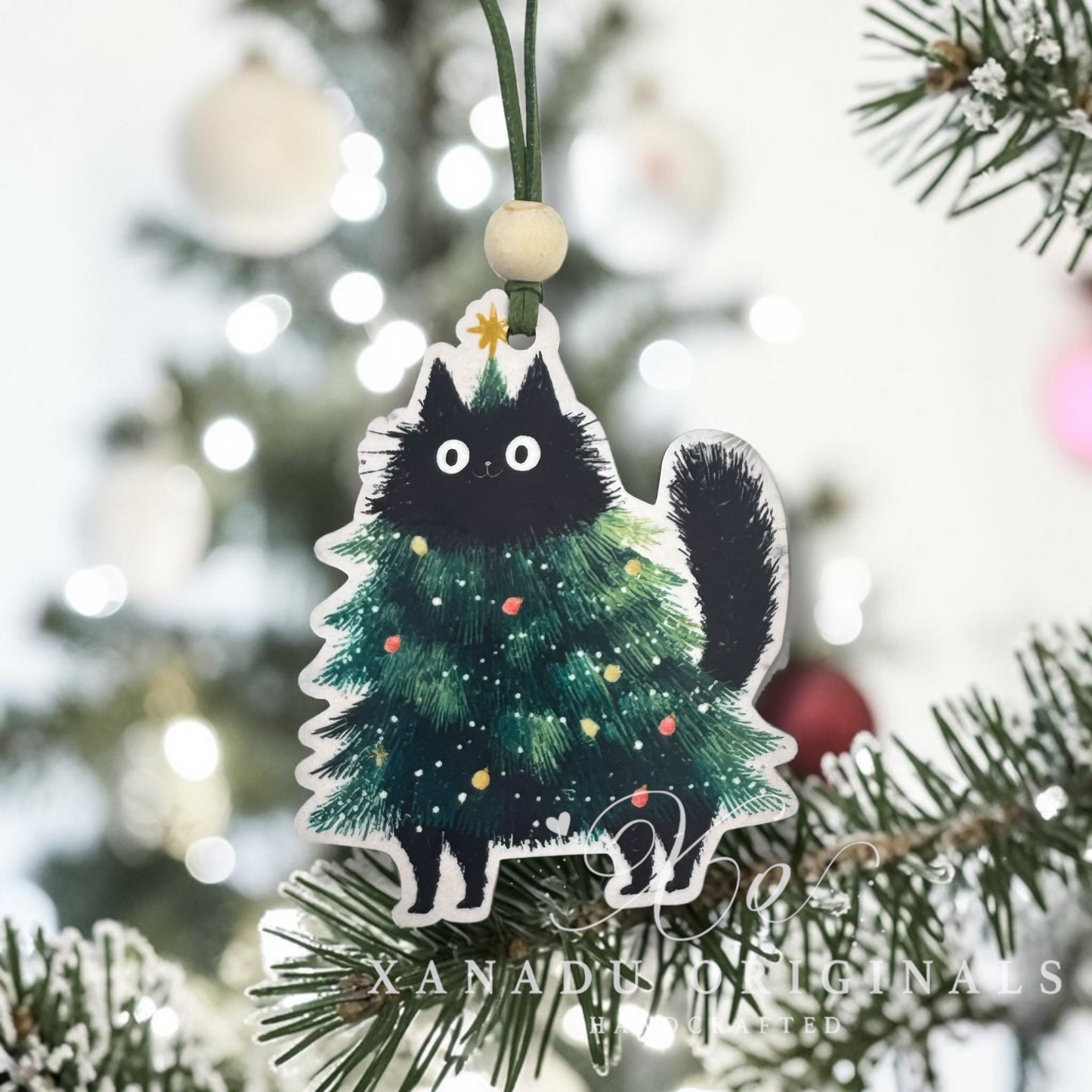 Funny Black Cat Christmas Tree Ornament - Cute Fluffy Kitten Holiday Decoration
