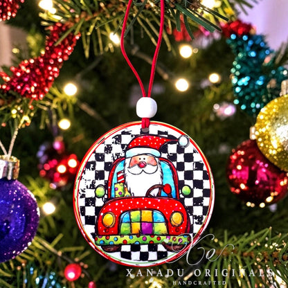 Santa Driving Red Vintage Car Christmas Ornament with Checkerboard Background
