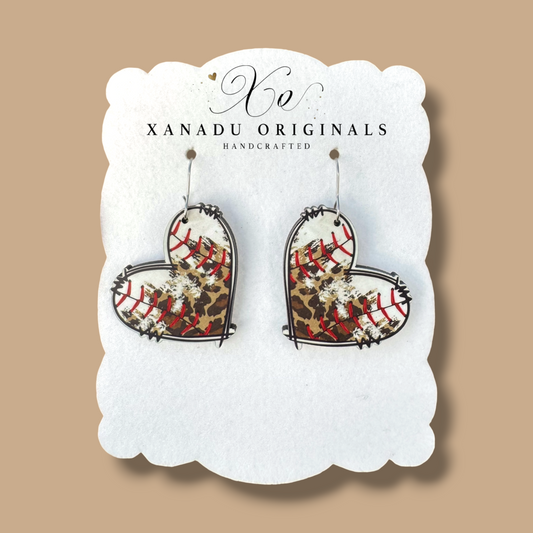 Baseball Leopard Heart Earrings