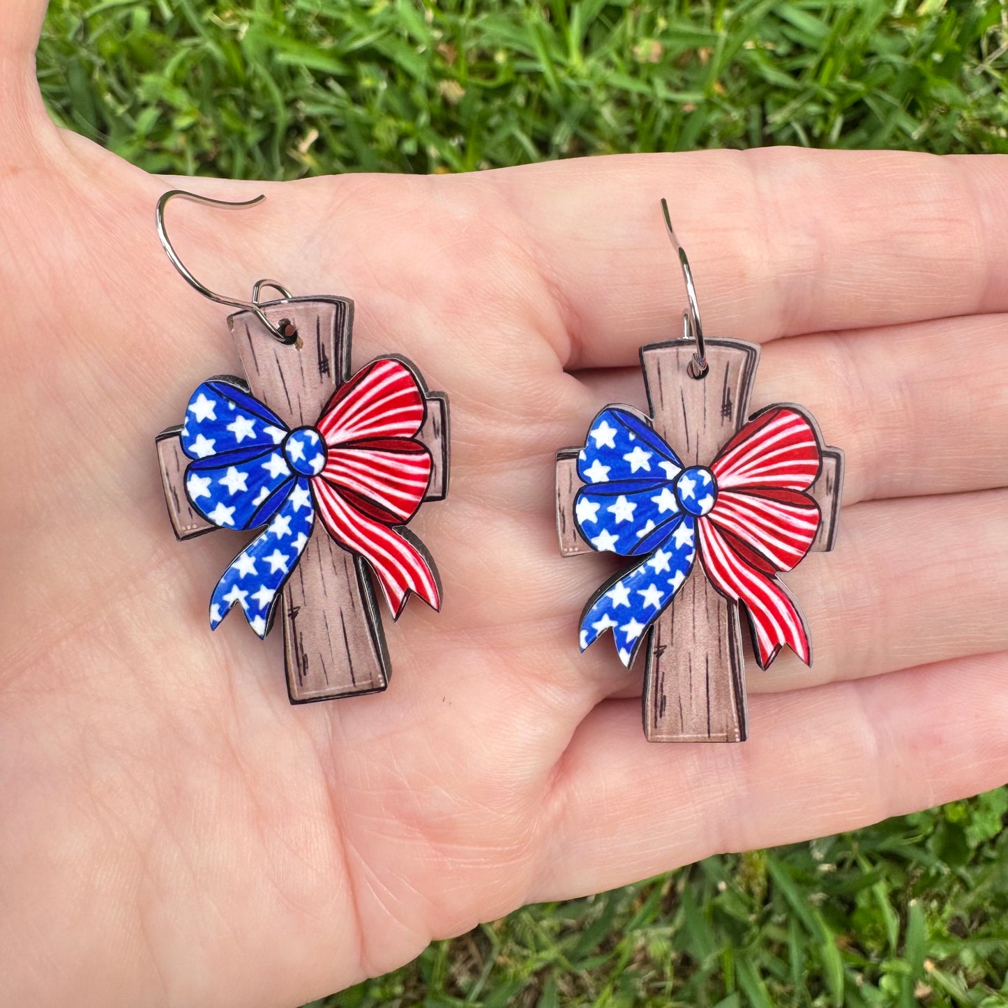 Patriotic Bow Cross Earrings