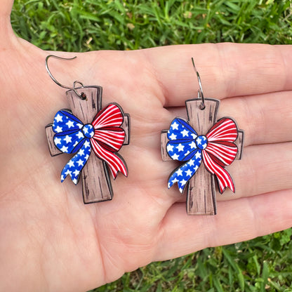 Patriotic Bow Cross Earrings