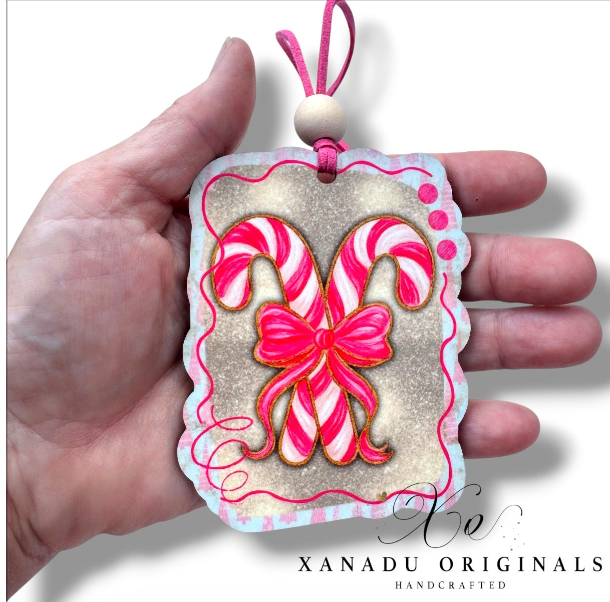 Whimsical Gold Glitter Candy Cane Ornament - Pink Coquette Bow Holiday Tree Decoration