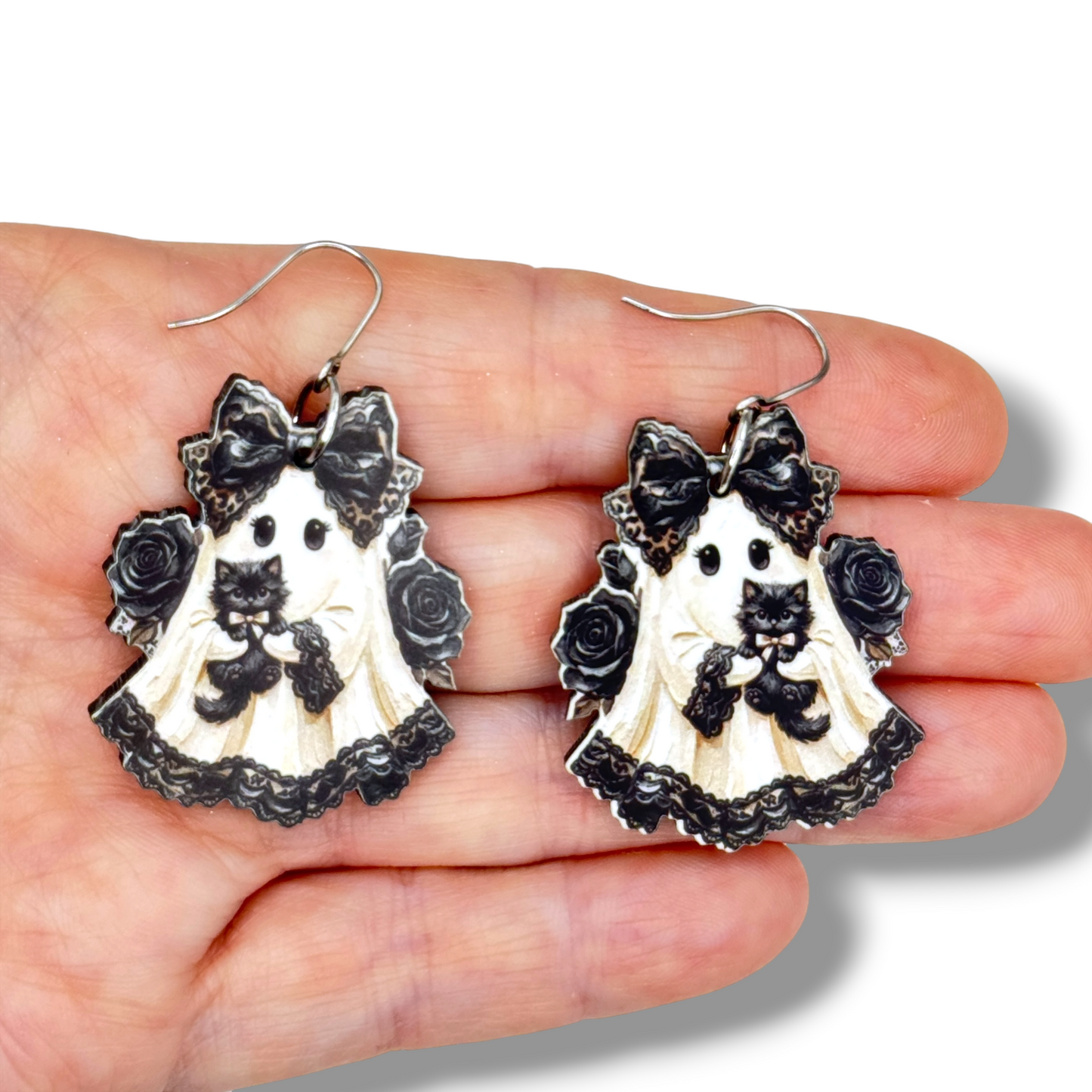 Goth Ghost Black Cat Dangle Earrings