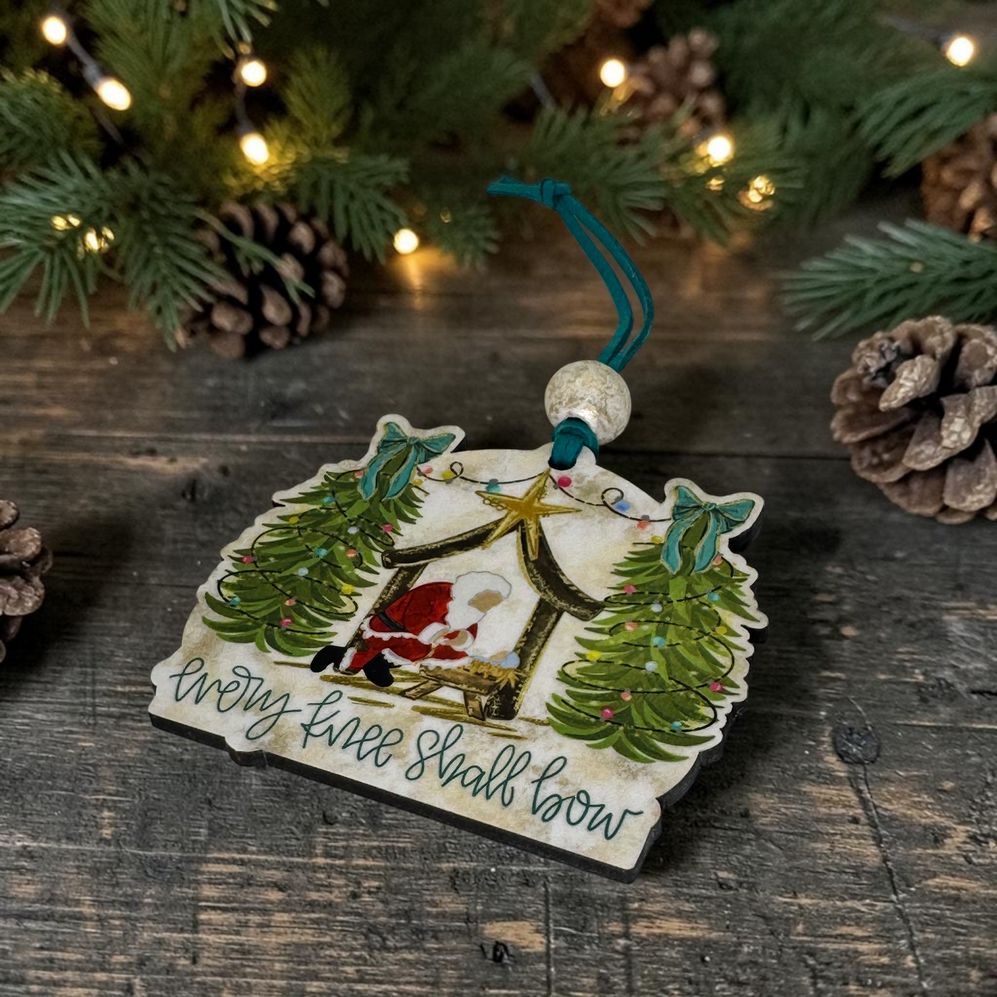 Every Knee Shall Bow Kneeling Santa Nativity Ornament - Faithful Christmas Tree Decoration