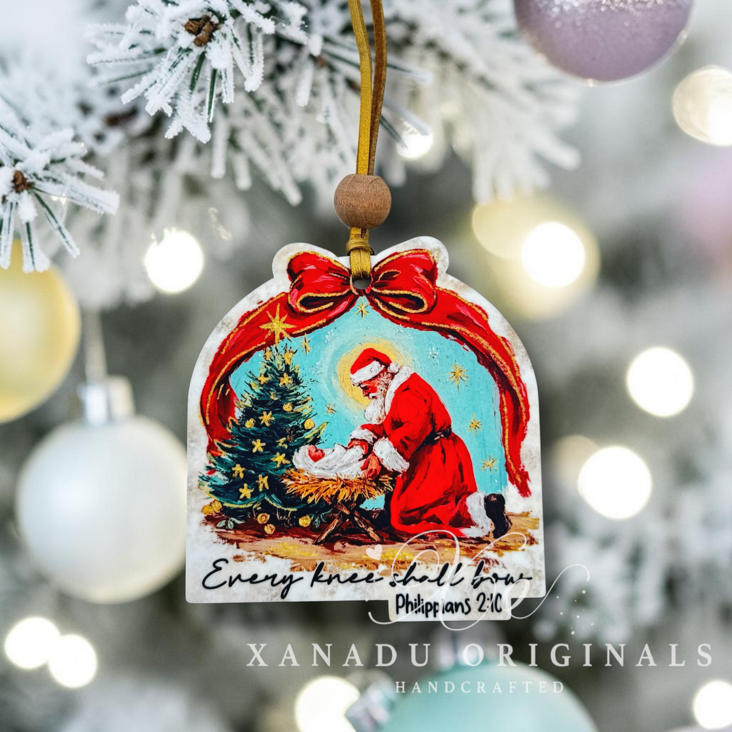 Every Knee Shall Bow Philippians 2:10 Kneeling Santa Ornament - Christian Nativity Tree Decoration