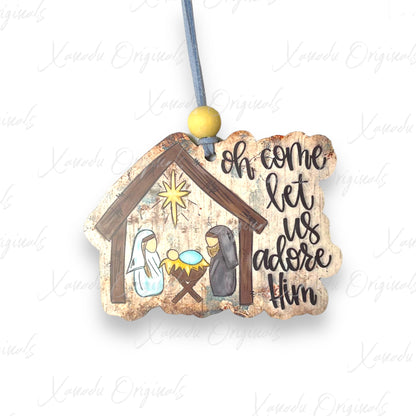 Oh Come Let Us Adore Him Stable Ornament, Traditional Holiday Tree Decor, Whimsical Hand-Painted Style Keepsake