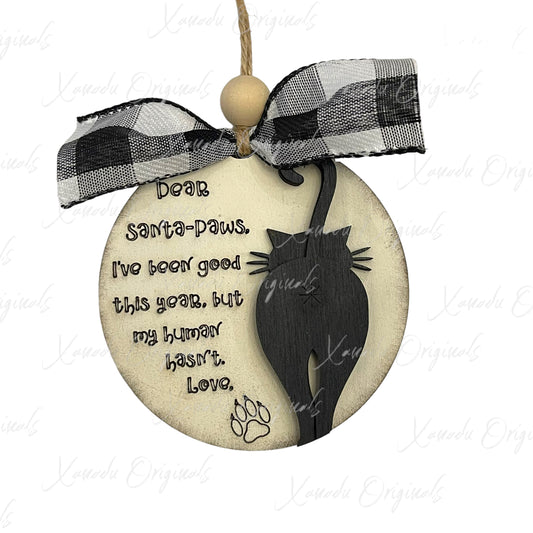 Santa Paws Black Cat Wood Ornament