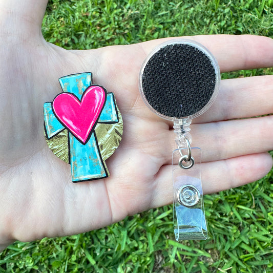 Turquoise Cross Interchangeable Badge Button with Reel Option