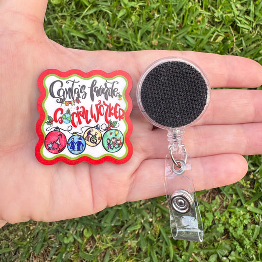 Santa's Favorite Social Worker Interchangeable Badge Button with Reel Option