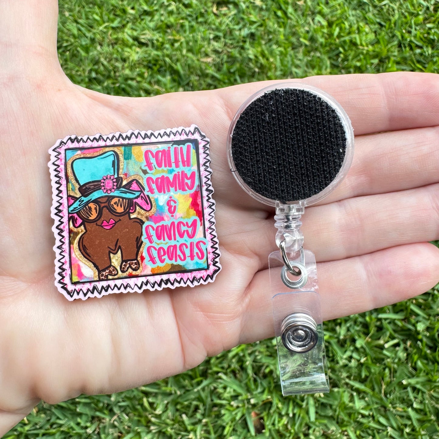 Fancy Feasts Interchangeable Badge Button with Reel Option
