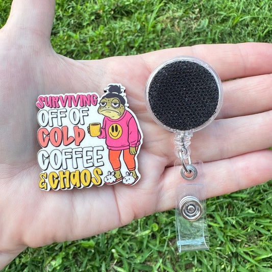 Cold Coffee and Chaos Interchangeable Badge Button with Reel Option