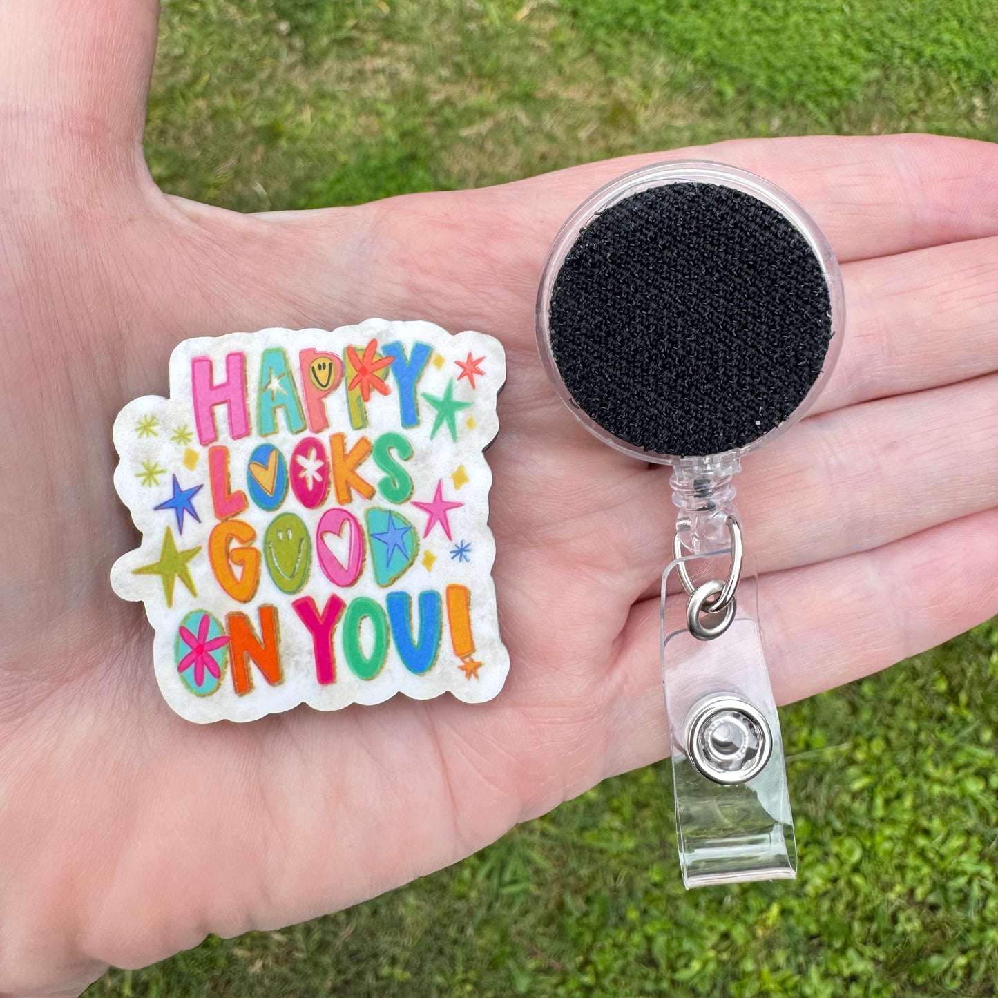 Happy Looks Good On You Interchangeable Badge Button with Reel Option