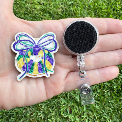 King Cake Bow Interchangeable Badge Button with Reel Option