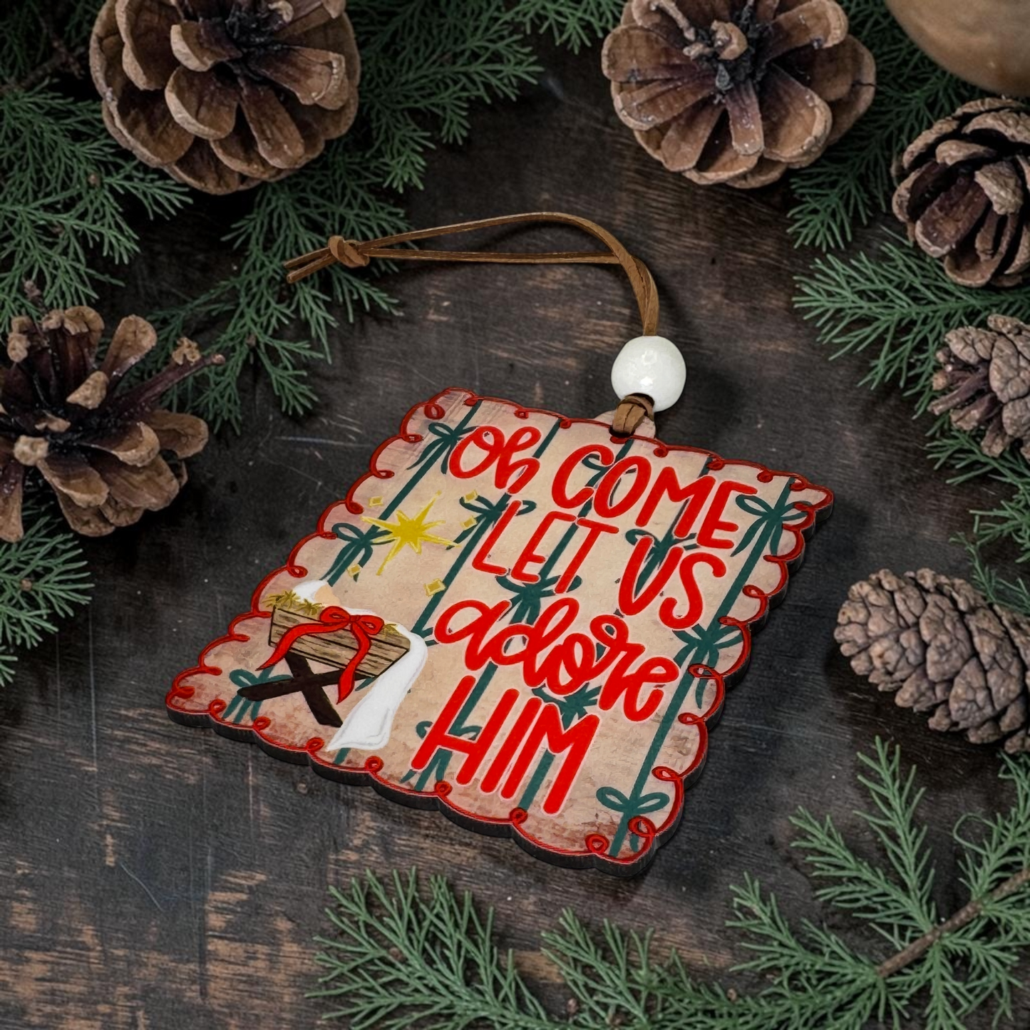 Oh Come Let Us Adore Him Manger Ornament - Whimsical Christmas Nativity Tree Decoration