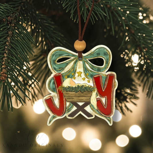 Joy Baby Jesus Manger Ornament, Traditional Holiday Tree Decor, Whimsical Hand-Painted Style Keepsake