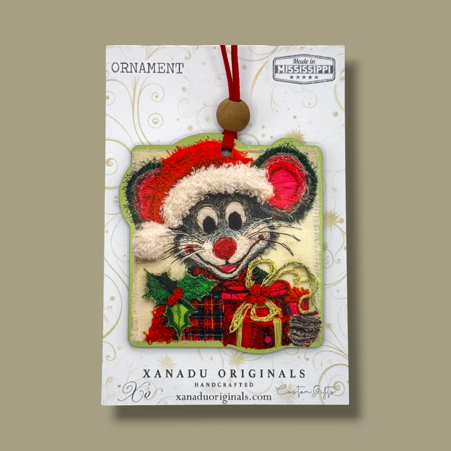 Whimsical Fabric Embroidery Style Christmas Mouse Holding Gifts Holiday Ornament