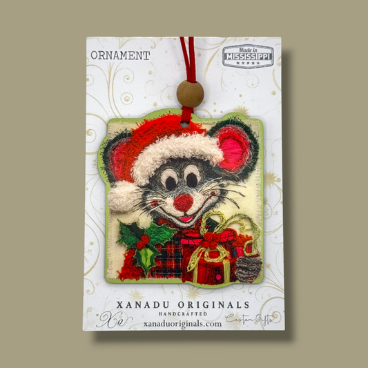 Whimsical Fabric Embroidery Style Christmas Mouse Holding Gifts Holiday Ornament