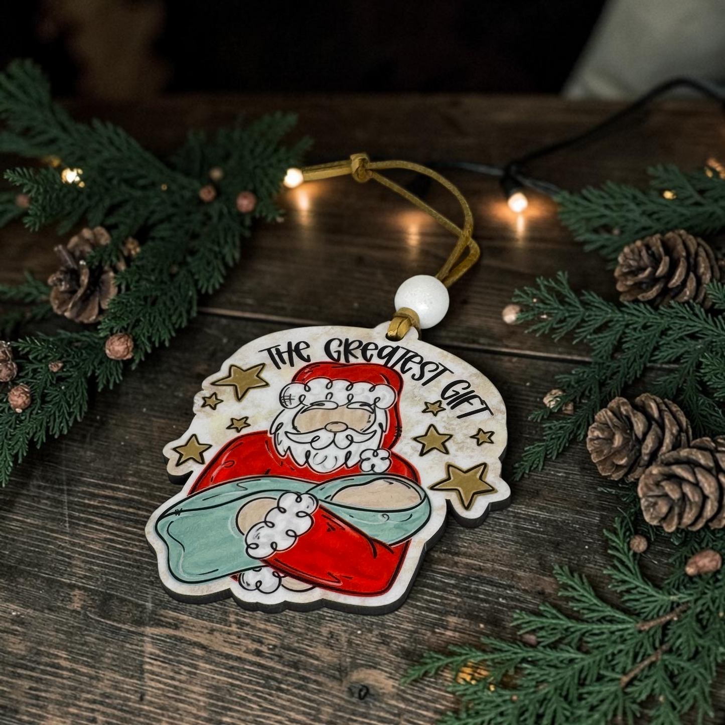 The Greatest Gift Santa Cradling Baby Jesus Ornament - Christian Nativity Tree Decoration