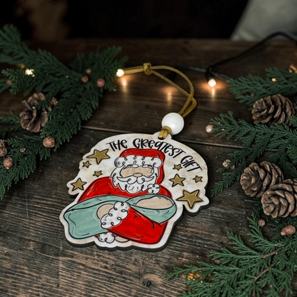 The Greatest Gift Santa Cradling Baby Jesus Ornament - Christian Nativity Tree Decoration