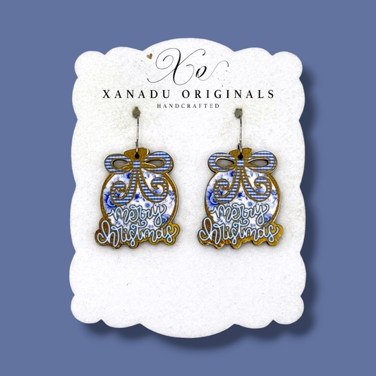 Merry Christmas Blue Bulb Earrings