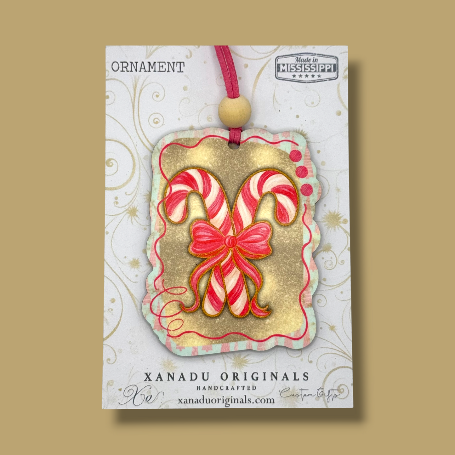 Whimsical Gold Glitter Candy Cane Ornament - Pink Coquette Bow Holiday Tree Decoration