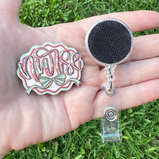 Nurse Painted Floral Interchangeable Badge Button with Reel Option