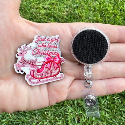 Just A Girl Christmas Interchangeable Badge Button with Reel Option