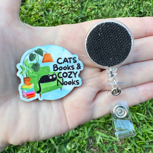 Cats Books & Cozy Nooks Interchangeable Badge Button with Reel Option