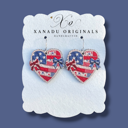 Patriotic Denim Heart Dangle Earrings
