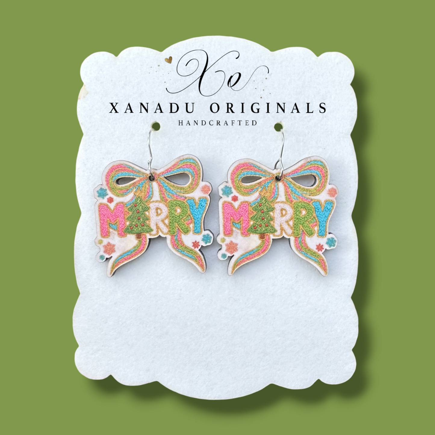 Faux Embroidered Merry Christmas Ribbon Bow Pastel Tree Typography Earrings
