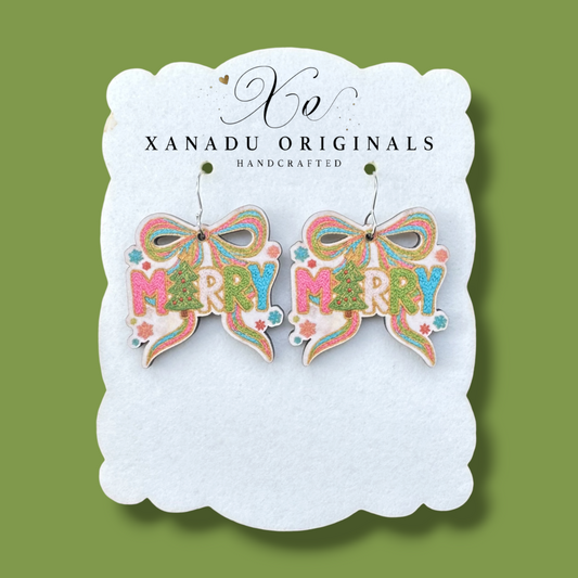 Faux Embroidered Merry Christmas Ribbon Bow Pastel Tree Typography Earrings