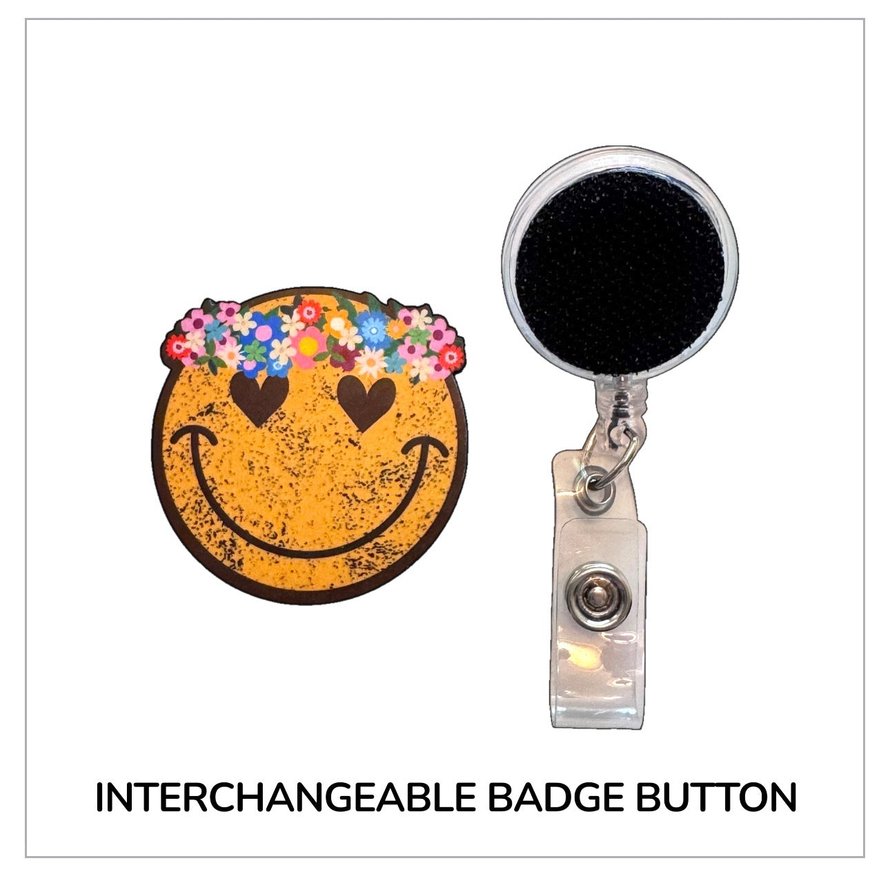 Flower Child Smiley Interchangeable Badge Button with Reel Option