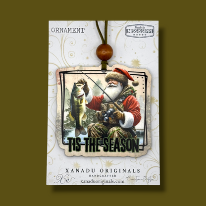 Fishing Santa Christmas Ornament - "Tis The Season" Bass Fishing Holiday Tree Decoration