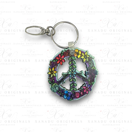 Rainbow Floral Peace Sign Keychain | Bag Tag