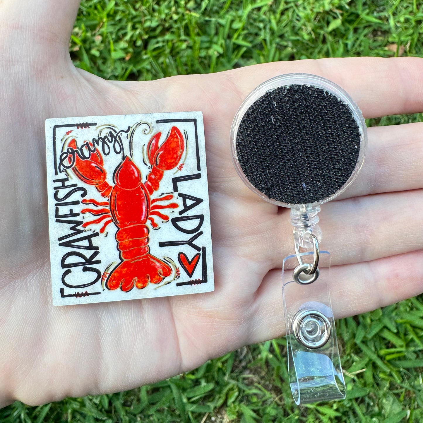 Crazy Crawfish Lady Interchangeable Badge Button with Reel Option