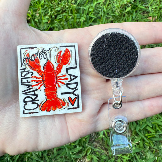 Crazy Crawfish Lady Interchangeable Badge Button with Reel Option