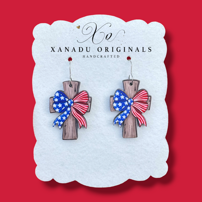Patriotic Bow Cross Earrings