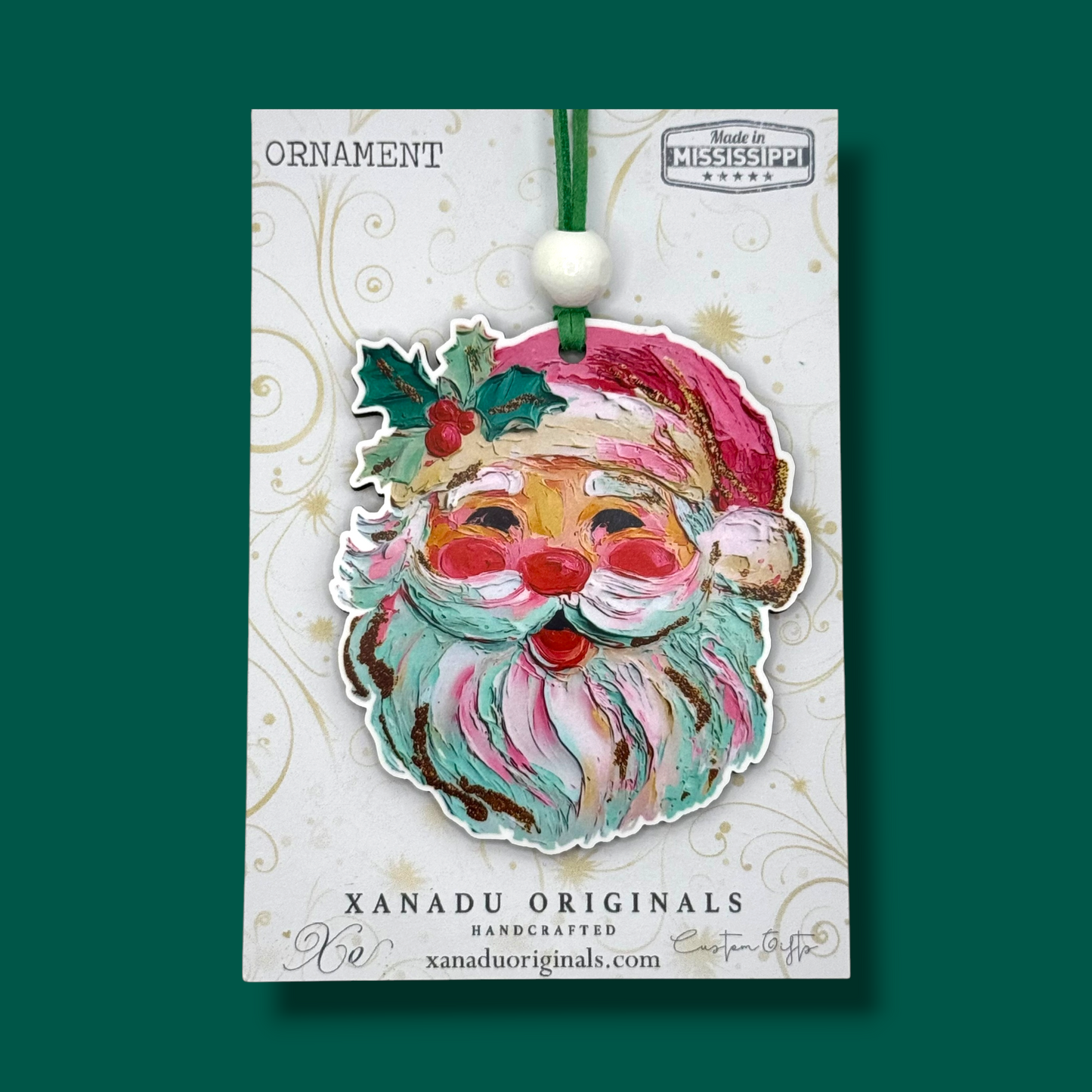 Impasto Paint Pastel Santa Christmas Ornament - Whimsical Pink and Green Holiday Tree Decoration