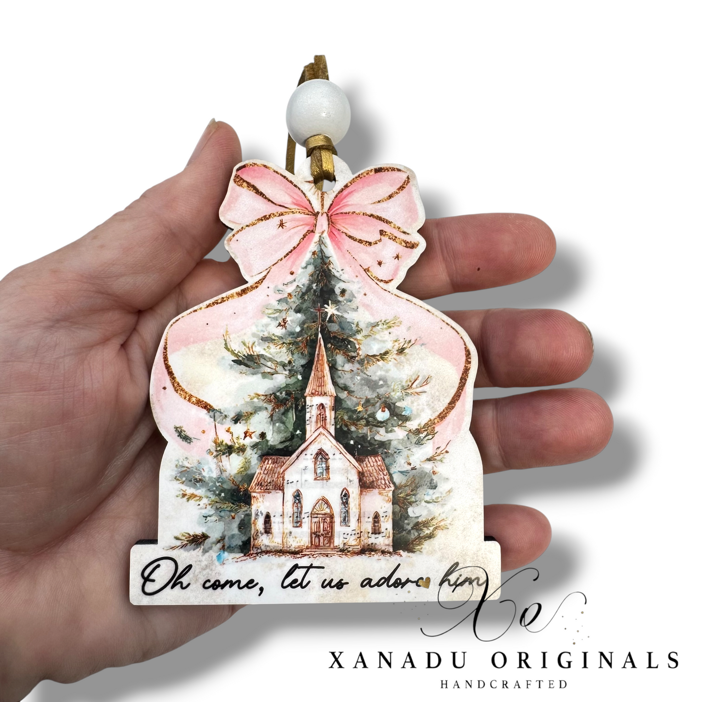 Oh Come Let Us Adore Him Church Ornament - Watercolor Winter Tree Holiday Decoration
