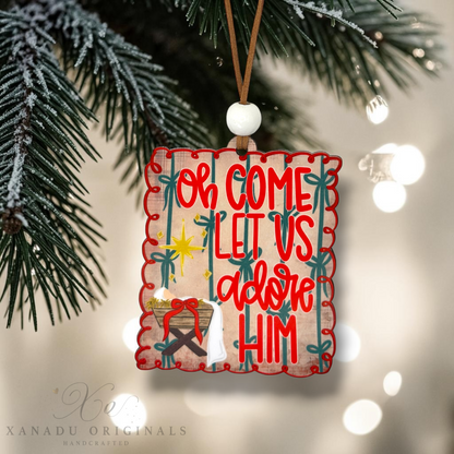 Oh Come Let Us Adore Him Manger Ornament - Whimsical Christmas Nativity Tree Decoration