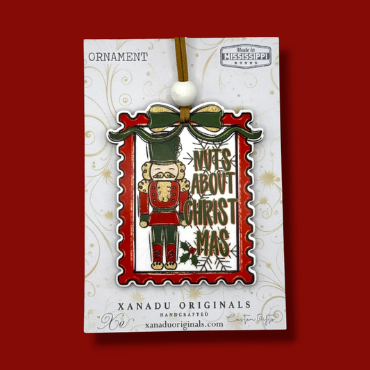 Nuts About Christmas Nutcracker Ornament - Funny Vintage Postage Stamp Holiday Tree Decoration