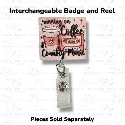 Country Music and Coffee Interchangeable Badge Button with Reel Option