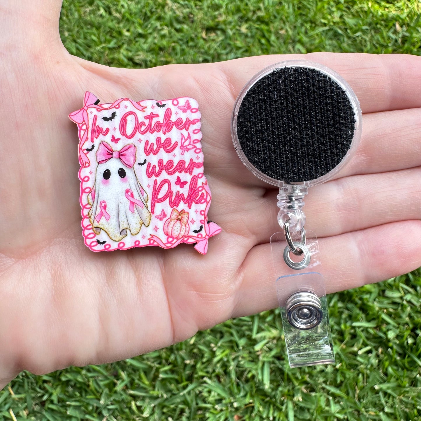 October We Wear Pink Interchangeable Badge Button with Reel Option