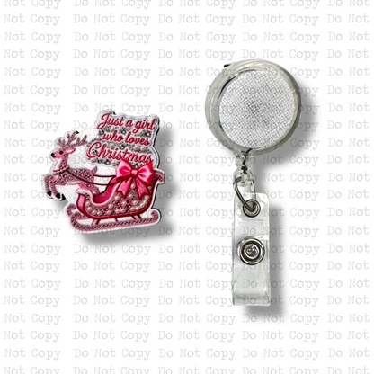 Just A Girl Christmas Interchangeable Badge Button with Reel Option