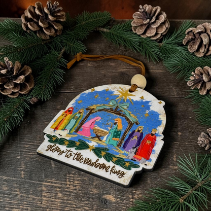 Glory To The Newborn King Blue Sky Nativity Ornament | Christian Wise Men Keepsake