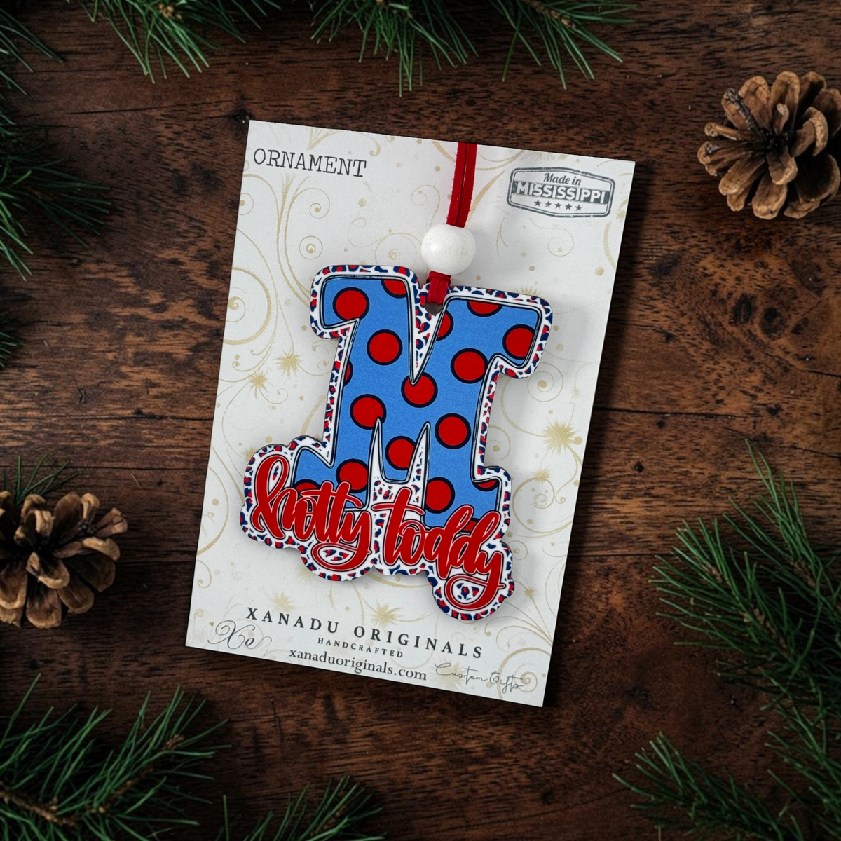Hotty Toddy Script Monogram Wood Ornament - Whimsical Southern Gameday Gift