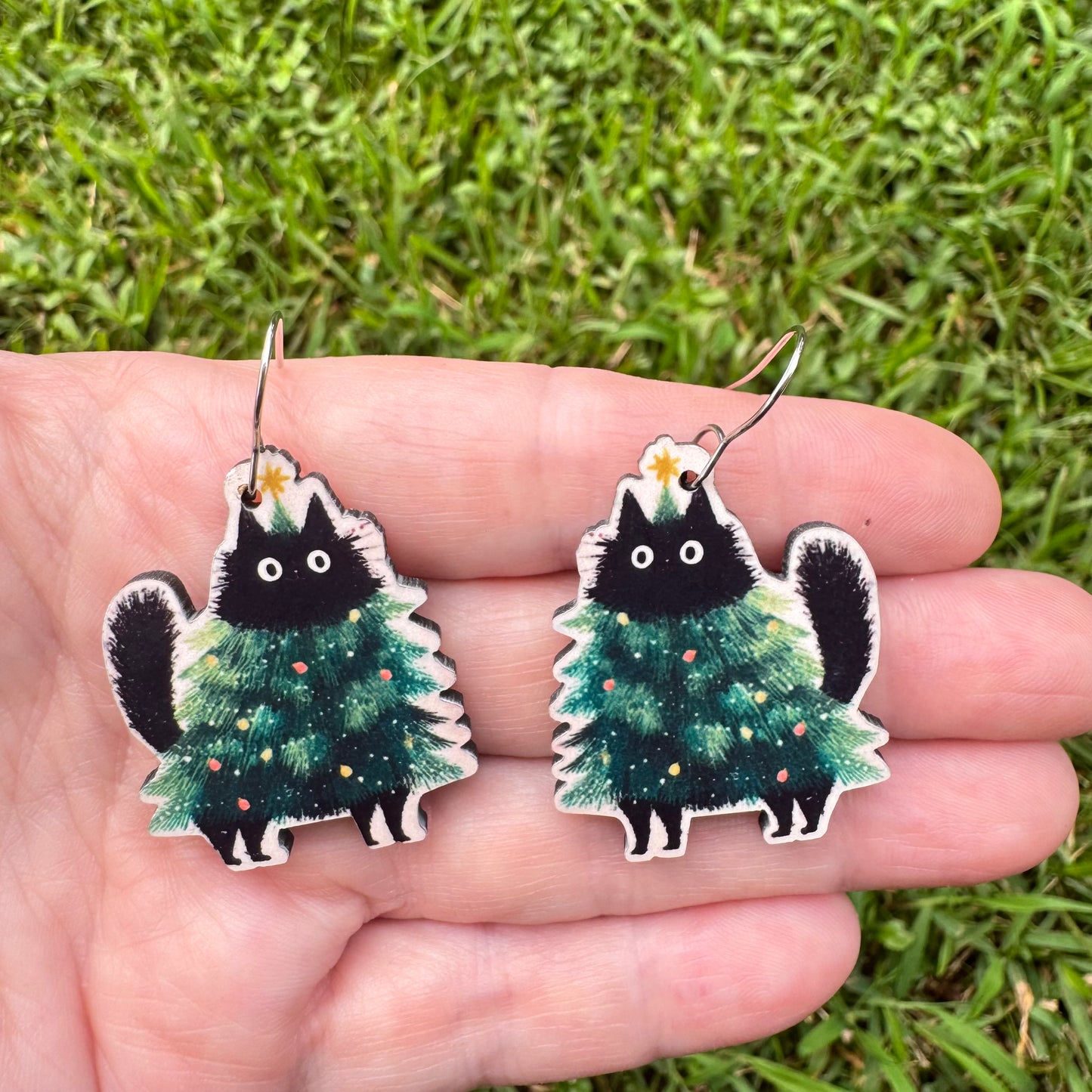 Christmas Tree Cat Earrings